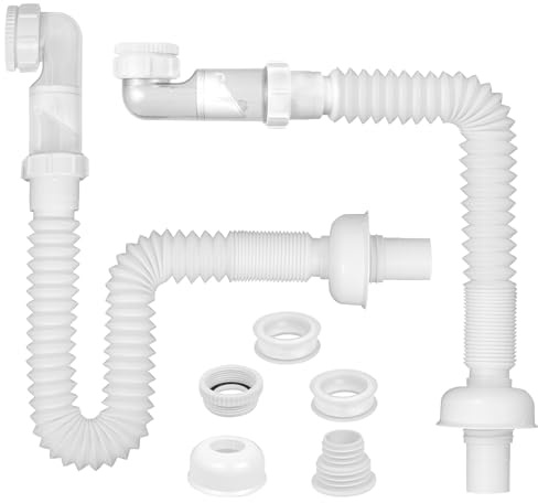 Siphon Lavabo 40mm Evacuation Evier, Lot de 2 Syphon Lavabo Salle de Bain | Universel Flexible Durite pour Evier Cuisine, Bouchon Baignoire, avec 2 Teflon Ruban