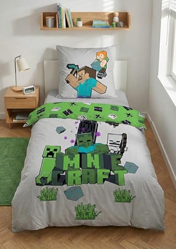 Minecraft Bettwäsche Build & Explore 135x200+80x80 – 100% Baumwolle | Wendebettwäsche | 135x200+80x80 cm | Kinder & Jugendliche | Gamer | Offiziell lizenziert | Einzelbett