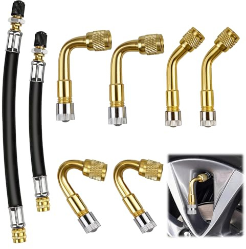 JFTNAKY 8 Pièces Rallonge Extension Valve Pneu, Extension Valve Pneu Coudées 45° 90° 135° et 2 Tubes Flexibles Laiton Caoutchouc, Adaptateur Valve pour Voiture Moto Vélo Camion Camping-Car Remorque