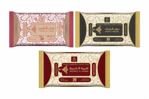 Lingettes Parfumées pour le Corps, 0% Alcool, 30 Lingettes, Lot de 3 Parfums (Fakhr Al Arab, Pure Musk, Ameerat Al Arabia)
