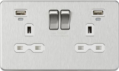 KNIGHTSBRIDGESFR9904NBCW SCREWLESS BRUSHED CHROME 13A 2G SWITCHED SOCKET [WHITE] W/DUAL USBCHARGER