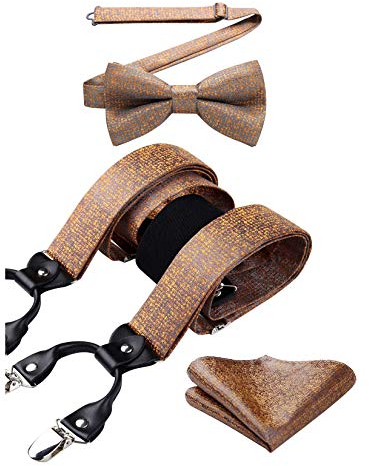 HISDERN Braun Gold Hosenträger und Fliege Set für Herren Einstecktuch Y Style hosenträger mit 6 Starken Clips Einstellbar für Anzug