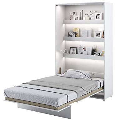 Schrankbett Bed Concept, Wandklappbett mit Lattenrost, V-Bett, Wandbett Bettschrank Schrank mit integriertem Klappbett Funktionsbett (BC-02, 120 x 200 cm, Weiß/Weiß Hochglanz, Vertical)