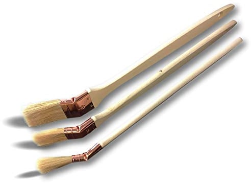 KIBROS 6LOT340c - Juego de 3 pinceles planos para pintura radiadores (cabeza acodada de 20, 30, 40 mm de ancho, seda blanca, virola cobre, mango de madera, ángulos, persianas