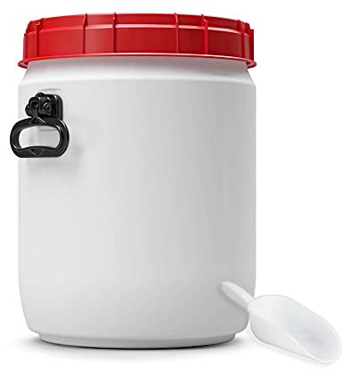 DIE BOX FABRIK Futtertonne für Tierfutter mit Deckel & Schaufel | Große Öffnung | Tierfutterbehälter | Futtercontainer | Futterbox | HDPE | Top-Qualität (34 Liter, weite Öffnung, Griffe)