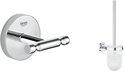 Grohe Bau Cosmopolitan - Bademantelhaken (Metall, Verdeckte Befestigung, langlebige Oberfläche), chrom, 40461001 & Bau Cosmopolitan - Toilettenbürstengarnitur (Material: Glas/Metall) chrom, 40463001