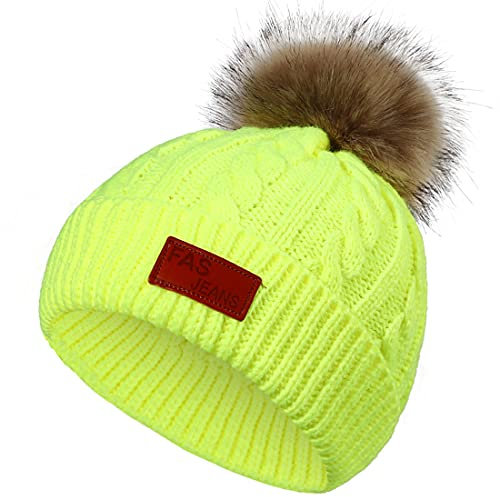 Yixda Baby Kinder Wintermütze Beanie Hut Mädchen Jungen Warm Fellbommel Strickmütze (Fluoreszierendes Gelb)