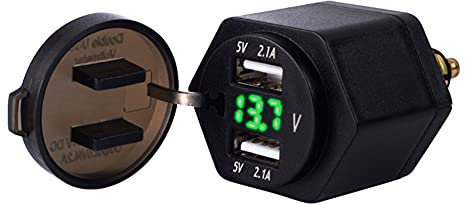 Motorrad Dual USB Ladegerät, 4.2A Din Hella Stecker Dual USB Ladegerät mit Voltmeter LED Wasserdicht Zigarettenanzünder KFZ Ladegerät für 12V-24V Handy Motorrad Boot Marine LKW RV EU Stecker