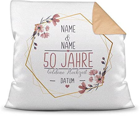 Kissen Hochzeitstag Goldene Hochzeit - mit Name & Datum selbst gestalten - 50 Jahre Ehe, Geschenk Hochzeit, Jubiläum, Jahrestag - Hochzeit Farbkissen Rückseite Mokka, 40x40 cm I Personalisiert