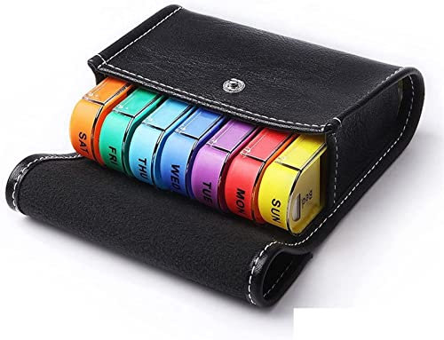 1x EWANTO Tablettenbox Pillendose Medikamentenbox in schwarzem veganem Leder Etui 7 Tage 28 Fächer 7 entnehmbare Tagesboxen mehrfarbig pill box Tabletten Dose Tabletten Dispenser