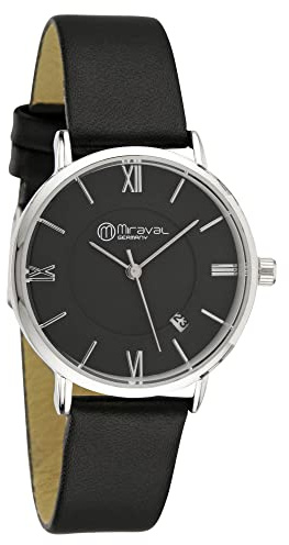 Miraval Moderne Design Damenarmbanduhr mit Datumsanzeige 33 mm Breites Lederarmband 16 mm Quarzuhr Japanisches Quarzuhrwerk Großes Zifferblatt Damenuhr Frauen Extra Dünn