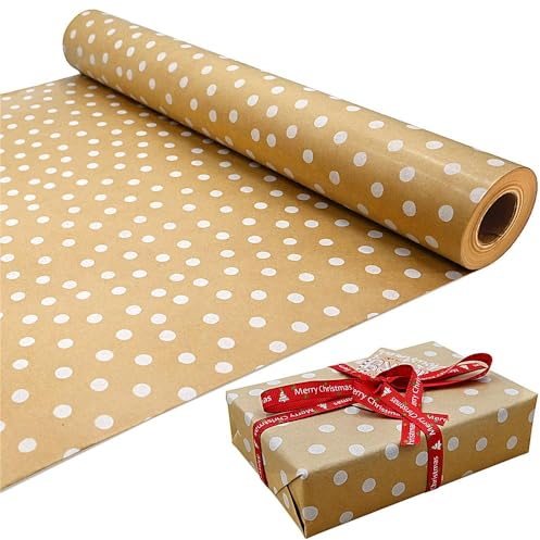 15m Roll of Kraft White Polka Dots Wrapping Paper Roll,100% Recyclable ECO Gift For Birthday Present Party Christmas Decorations(15m x 43cm)