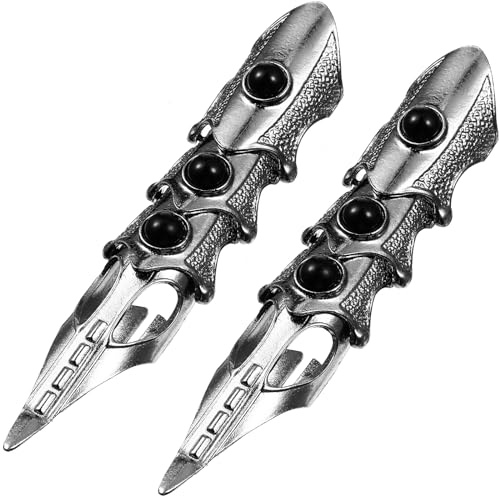 KALLORY 4pcs Full FInger Claw Rings Black Rock Hinged Adjustable Decoration Halloween Open Ring, Retro Claw Armor Cosplay Accessory Costume for Exaggerated Gothic Nail Ring