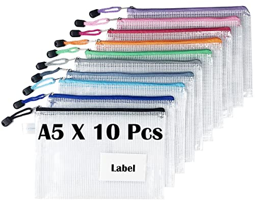 TRANBO 10 Stücke Reißverschlusstaschen A5, Wasserdichte Mesh-Taschen Dokumententasche, Zipper Tasche zur Aufbewahrung von Ordnern, Schreibwaren,Geeignet für Schule, Büro, Reisen