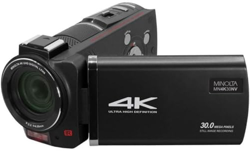 Minolta Camcorder - 4K Ultra HD, 30MP Photos, Night Vision with IR LEDs, 16X Zoom, Time Lapse, Anti-Shake, Touchscreen, MP4 Format, CMOS Sensor, HDMI USB Output, SD Slot (Black)