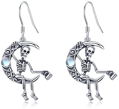 Skelett-Totenkopf-Ohrringe, baumelnde Sterlingsilber-Mondstein-Gothic-Ohrringe, Weihnachtsschmuck für Frauen