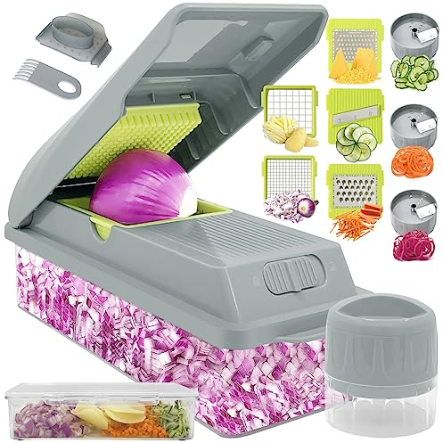 SUREWIN Vegetable Chopper 11-in-1 Multi-Functional Mandoline Slicer Pro Onion Chopper Cheese Grater Fruit Slicer Cutter Dicer Includes Handheld Spiralizer, Enlarged Storage Container with Lids