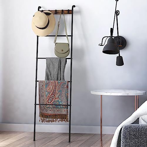 Scala Porta Asciugamani a 5 Ripiani, Portasciugamani Portasalviette Bagno, Scala Decorativa con 5 Staccabile Ganci per Bagno Soggiorno, Struttura in Acciaio, 43 x 164 cm - Marrone Vintage e Nero