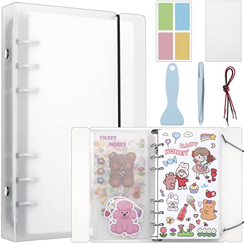 SUNEZLGO Wiederverwendbares Stickerbuch 100 Blätter, Sticker Sammelbuch mit Taschen, Sticker Sammelalbum, Wiederverwendbares Stickeralbum, Blanko Stickerbuch mit Pinzette und Spatel (A6)