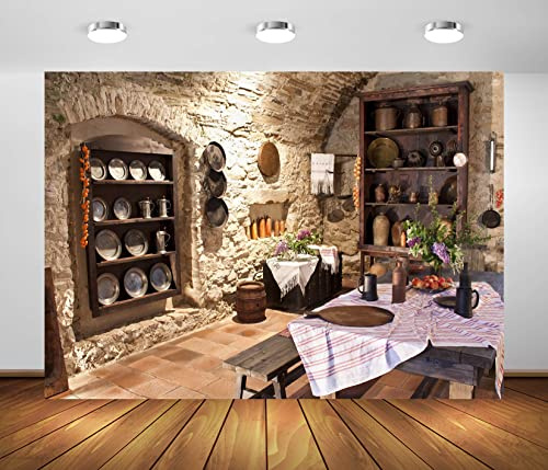 BELECO 2.1x1.5m Fabric Old Kitchen Backdrop for Photography Ancient Stone Wall Castle Kitchen Interior Cooking Utensils Dining Table Background Portrait Photoshoot Studio Photo Wall Mural
