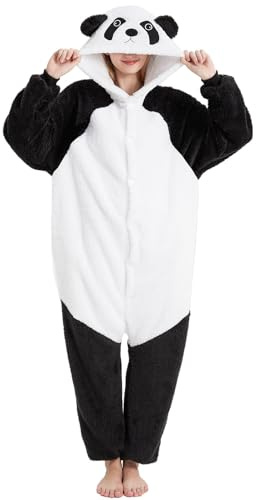 chuangminghangqi Panda Schlafanzug Damen Mit Kapuze Kostüm Tier Onesie Erwachsene Overall Karneval Kostüm Partyoutfit Party-Ready Pyjama Festlicher Einteiler Winteranzug mit Knopfleiste(Weiß-7108,L)