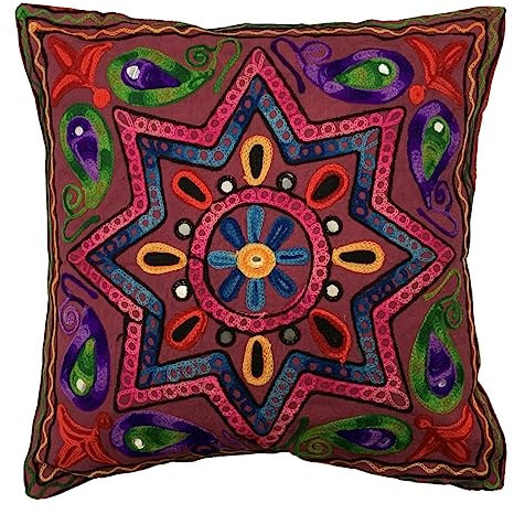 Original Kikan Boho Kissenbezug, Motiv: Suzani mit indischem Stern, 40 x 40 cm, mehrfarbige Stickerei, Ethno-Kissenbezüge, vegan, umweltfreundlich (Kastanienbraun)