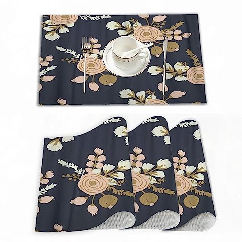 Placemats Set of 4 (30x45 cm),Watercolor Gold Rosa Blush Noisette Modern Rose Floral Pattern Flower Drawn,Washable Heat Insulation Non-slip Woven Vinyl Place Mats for Kitchen and Dining Room