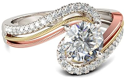 Jeulia 925 Sterling Silber Bandringe für Damen dreifarbig Bypass Rundschliff Verlobungsversprechen Jubiläumsring mit Schmuckschatulle (Roségold, 67(21.4))