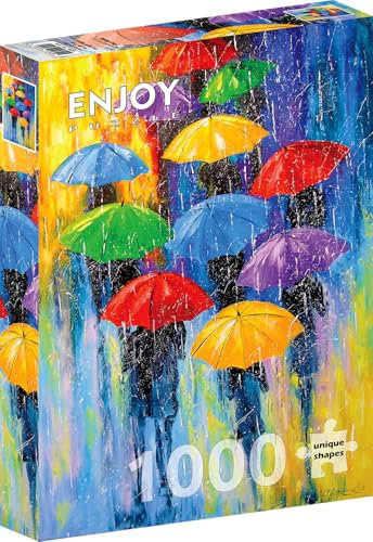 1000 Pieces Jigsaw Puzzle for Adults – Matte Finish, Soft Touch, Sturdy and Unique Pieces, Tight Fit, Vivid Colors, Missing Pieces Service – Rain Walk with People and Fun Umbrellas – by ENJOY Puzzle