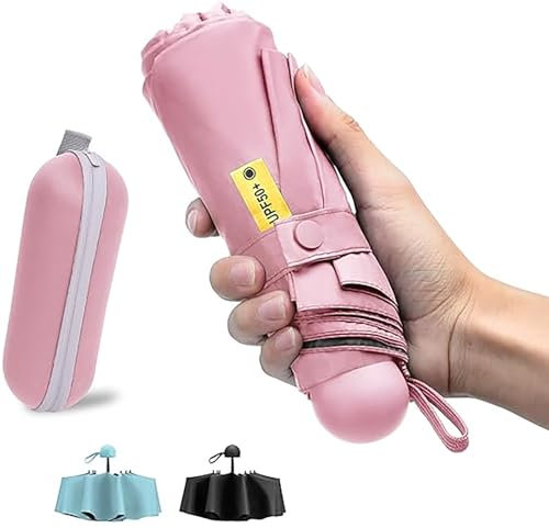 Shunshi Folding Travel Umbrella - 6 Ribs, Sun Anti-UV, Windproof, Fast Dry, Compact With Capsule Case for Men, Women & Teens (Pink)