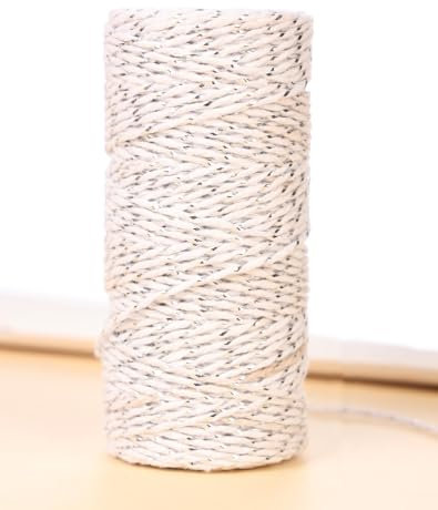 50m Weiß Silber Bindfäden, 1.5mm Bäcker Bindfäden Baumwolle Handwerk Bindfäden Bastelschnur Dekokordel Schnur Baumwollschnur Perfekt für DIY Handwerk, Geschenke Verpacken, Weihnachts Dekoration