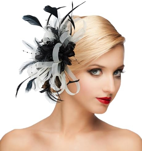 dressfan Fascinator Stirnband Hut Damen Vintage hochzeit Haarschmuck Mesh Feder Blume Hut Gatsby Haarreif 20er 50er Elegant Kopfschmuck für Hochzeit/Cocktail/Gatsby/Teeparty,Schwarz+Beige