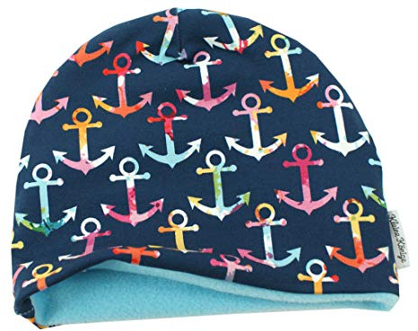 Kleine Könige Mütze Mädchen Herbst Winter Kindermütze · Modell Bunte Anker · Innen Fleece türkis · Größe 110/116 (KU 50-52)