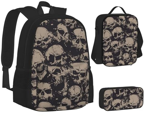 SUHNGE 3-in-1 Schulrucksack-Set mit Glitzer-Pailletten, Punkt-Druck, Teenager, Büchertasche, Lunch-Tasche, Federmäppchen, Kinderrucksack-Set, Coole Totenkopf-Grafik, Einheitsgröße, MC700