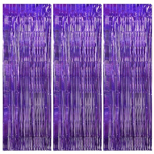 3Pcs Laser Purple Door Streamers,Laser Purple Photo Booth Backdrop Metallic Streamers Foil Fringe Curtains for Halloween,Birthday,Christmas,New Year,Bachelorette,Grad Party(9.9ft x 6.6ft)