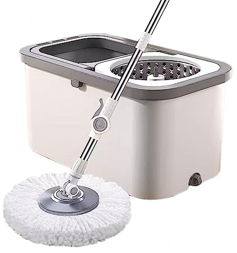 OUZBEM Trapeador Giratorio y Cubo con Juego de escurridor, trapeador Giratorio 360 con Mango Ajustable de 53 Pulgadas, trapeadores de Microfibra para Limpieza de Pisos, con 2 recambios de Cabezal de