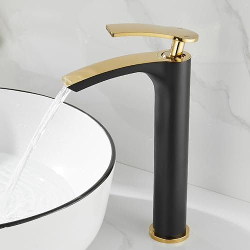 XJTNLB Mitigeur Cascade Vasque à Poser Robinet de Lavabo Cascade Poignée Unique Robinet Salle Bain Lavabo Noir + Or,Haut Style