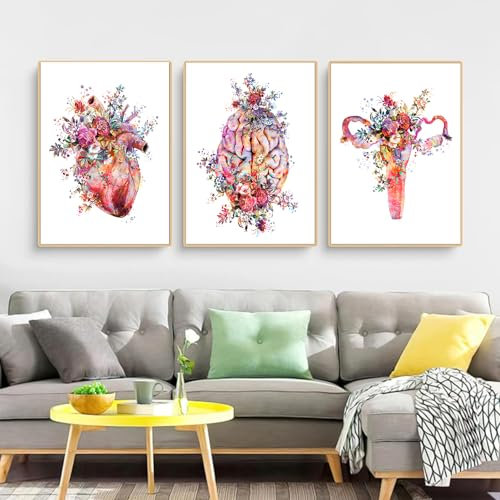 Abstrakt Medizin Anatomie Leinwandbilder Poster, Aquarell Blumen Menschliches Muskelsystem Poster Set Kunst Medical Office, Kein Rahmen(Blume Herzorgane,3x50x70cm)