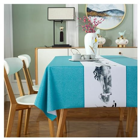 Aotiwe Manteles bohemios, para mesa de centro, pintura a tinta, mantel de boda para mesas, color azul y verde, cubierta de PVC de 118 x 55 pulgadas