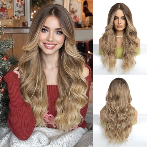 Esmee Lange Welle Dunkelblonde Perücken für Frauen Synthetisches Haar Hitzebeständig Ombre Perücke für tägliche Party Cosplay Verwendung