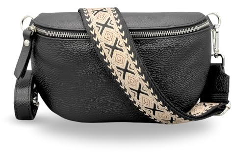 ADEL Bauchtasche Damen Echtleder Emma Silber Handgemachte Umhängetasche Crossbody Bag mit Optionalen Breiten Gemusterten Riemen Stylische Hüfttasche Made in Italy (Schwarz-Silber 2, Medium)