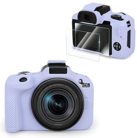 VOVMOEYA Compatible with CANON EOS R50 Camera Case Accessories kit[with 2 LCD tempered films],EOS R50 Silicone Protective Case Digital Camera case enhanced grip sensation lightweight 9H 0.25mm-purple