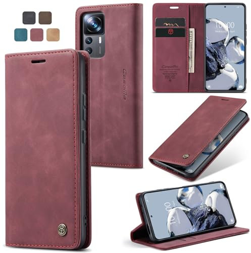 owlhold Hülle Xiaomi 12T/12T Pro klapphülle Premium Lederhülle Weiches Vintage-Nubukleder Faltbare Ständer Schutzhülle Kartenfach Standfunktion Handyhülle Xiaomi 12T/12T Pro/K50 Ultra - Weinrot