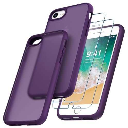 Niphabe Coque Compatible avec iPhone SE 2022/2020/7/8 avec 2 Verre Trempé, Anti-Jaunissement Dur PC Housse Anti-Rayures Protection Case Antichoc Coque avec Bumper TPU Case 4,7 -Violet Foncé