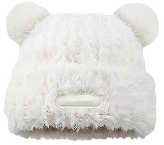 Niedliche Bärenohr-Mütze für Damen, Strickmütze, flauschiger warmer Eimer, Bärenmütze, Erwachsene, Winter-Kunstfell, Tier-Strickmütze, weiß, Einheitsgröße