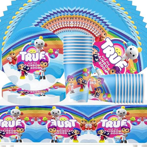 Ensemble de vaisselle de fête d'anniversaire pour enfant motif royaume arc-en-ciel Doyomtoy Serve 20 invités - Nappes, assiettes, tasses, serviettes pour fête d'anniversaire