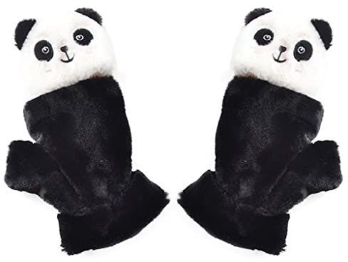 Arecobticy Handschuhe, Plüsch-Panda-Handschuhe, Cartoon-Tier-Halbfinger-Handschuhe mit weichen, elastischen Handschuhen, dehnbarer Handschuh für Damen, Schwarz , 23x11x2cm