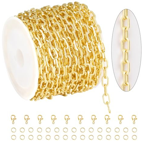 KYUNHOO 16.4 Feet 18K Gold Chains for Jewelry Making Brass Paperclip Chain Link Gold Plated Jewelry Chain Roll with Lobster Clasps Jump Rings for Men Women DIY Crafting