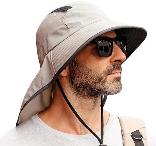 TOP-EX M/L/XL/XXL Unisex Mens Sun Hat with Neck Flap Sunglass Lock UPF 50 Wide Brim Outdoor Fishing Hats Hiking Safari Hat Waterproof & Packable Light Grey M/L