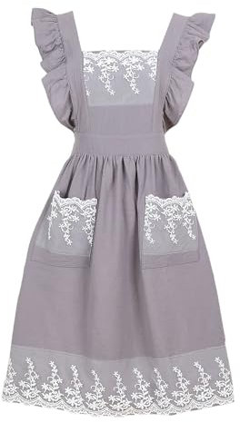 G-LIKE Damen Mädchen Vintage Schürze – Klassische Ärmellose Küchenschürze Retro Kittelschürze Baumwolle mit Spitzen Taschen Schnüren Ölbeständig Schmutzabweisend für Kochen Backen Grillen (Grau)
